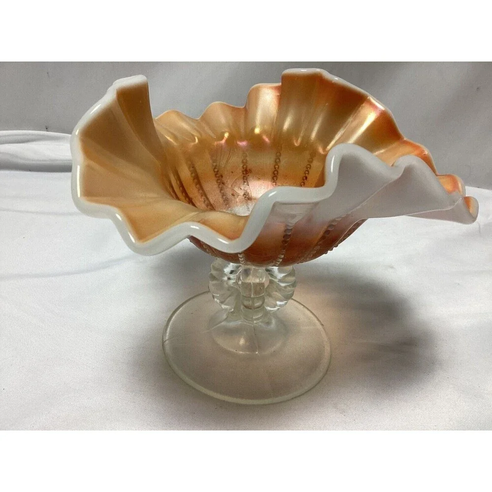 Dugan Beaded Panels Peach Opalescent Open Stemmed Carnival Glass Compote ca 1915
